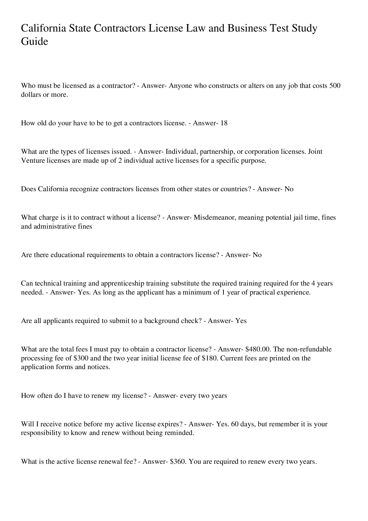 Preview image for California State Contractors License Law and Business Test Study Guide